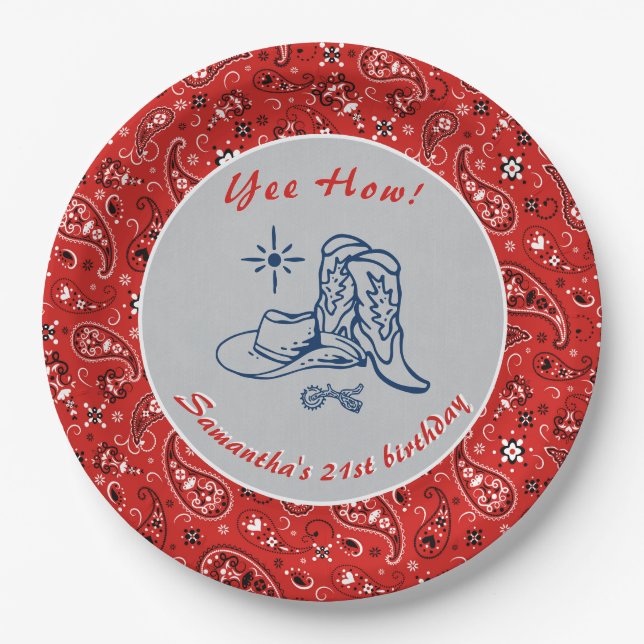 Yee How Western Paisley Denim Blue Jeans Birthday Paper Plate (Front)