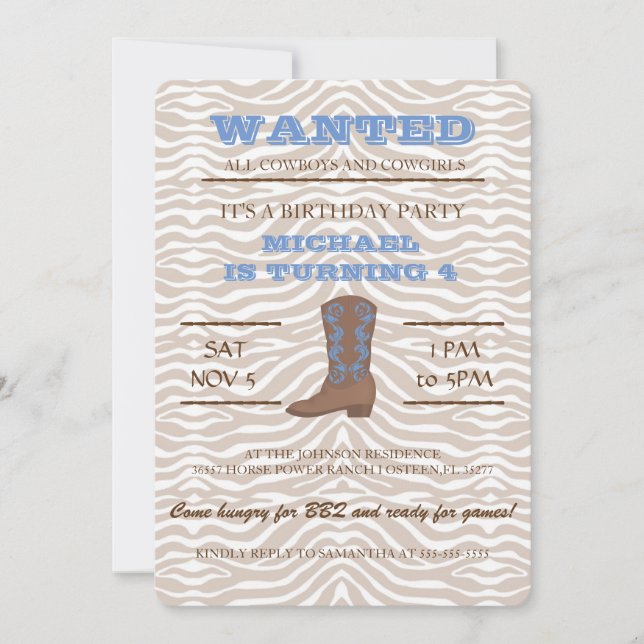YEEHAW! Blue Cowboy Birthday Party Invitation (Front)