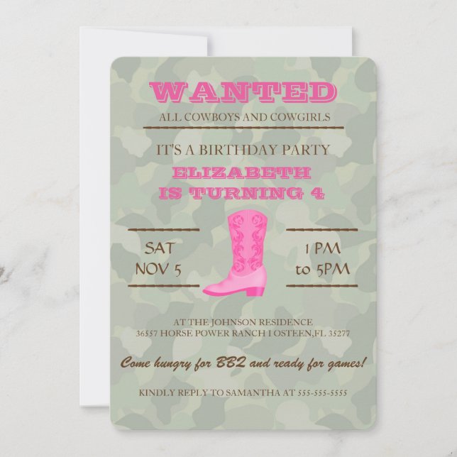 YEEHAW! Pink Cowgirl Birthday Party Invitation (Front)