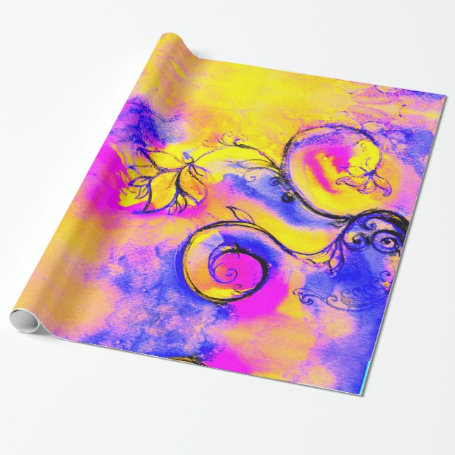 YELLLOW BLUE PINK WHIMSICAL FLOWERS Fantasy Floral Wrapping Paper (Unrolled)