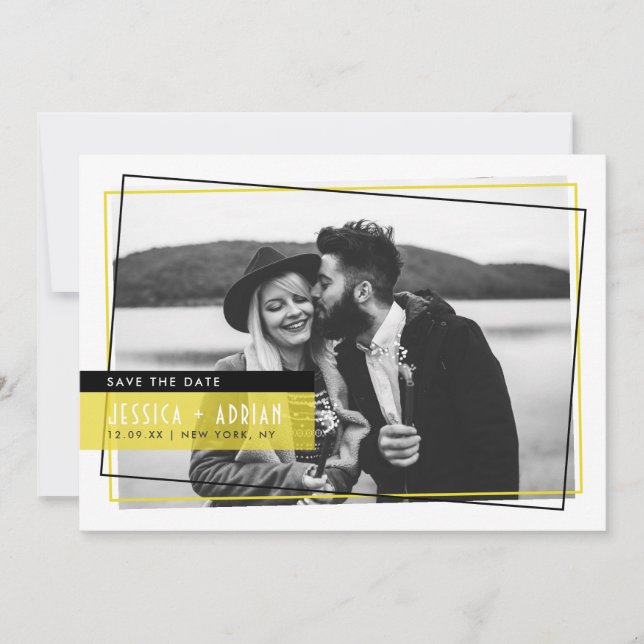 Yello & Black Abstract Frame Photo Save The Date (Front)