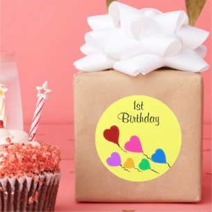 Yellow 1st Birthday Heart Balloons Any AGE Classic Round Sticker