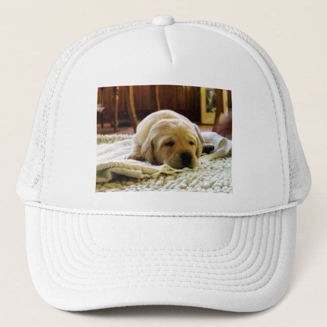 yellow 2 lab puppy trucker hat (Front)