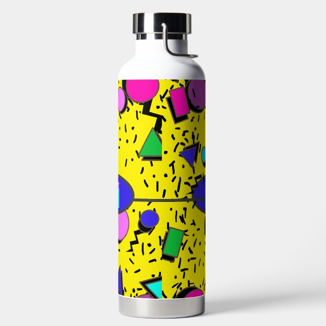 Yellow 80s Memphis Abstract Style Retro Monogram Water Bottle (Left)