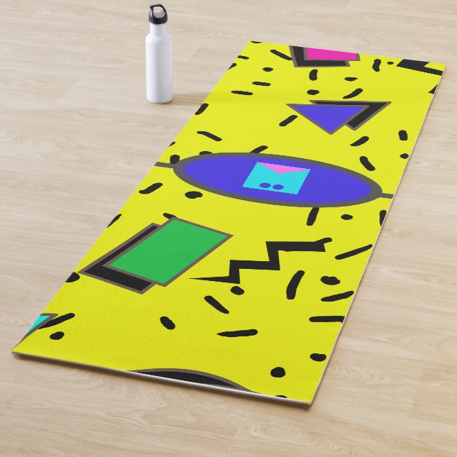 Yellow 80s Memphis Abstract Style Retro Monogram Yoga Mat (In Situ)