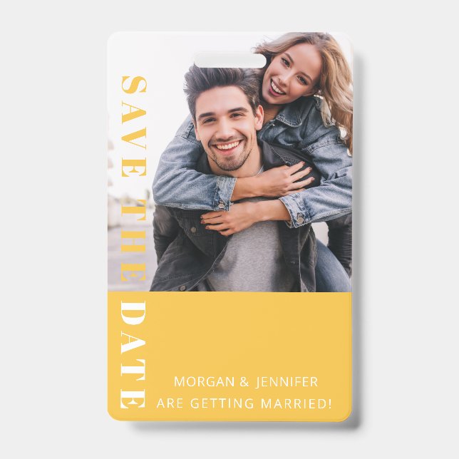 Yellow 80s Save the Date  Badge (Front)