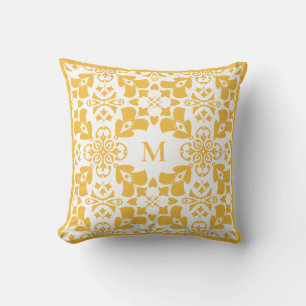 Yellow Abstract Floral Pattern Modern Monogram Throw Pillow