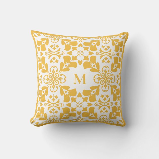 Yellow Abstract Floral Pattern Modern Monogram Throw Pillow (Front)