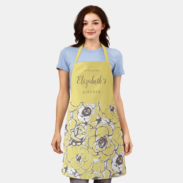 Yellow abstract floral personalized cooking apron (Worn)