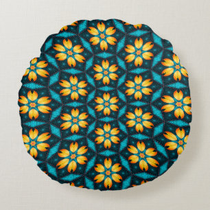 Yellow Abstract Flowers Round Pillow