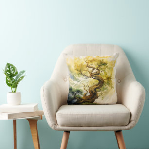 Yellow Abstract Tree Throw Pillow