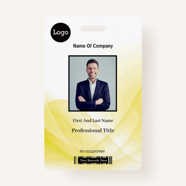 Yellow Abstract Wave Business Photo ID Badge (Front)