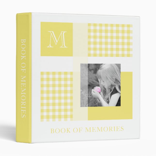 Yellow Add Your Photo Gingham Modern Monogram Binder (Front/Spine)
