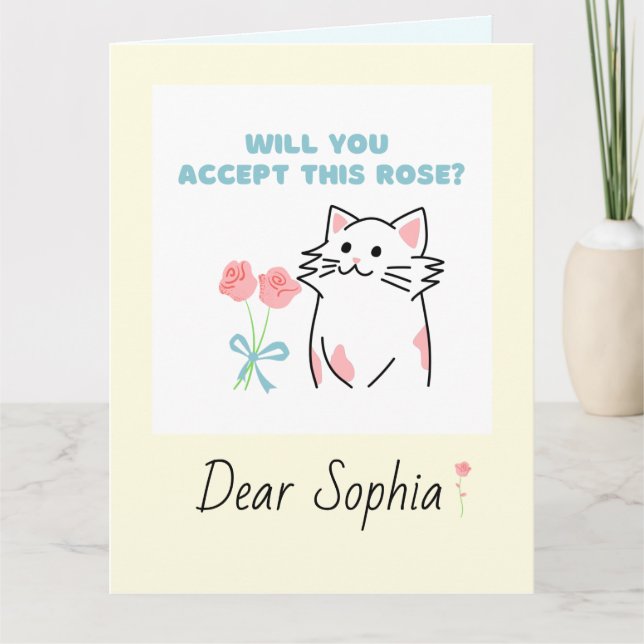 Yellow Adorable Cat&Rose Folded Greeting Card (Front)