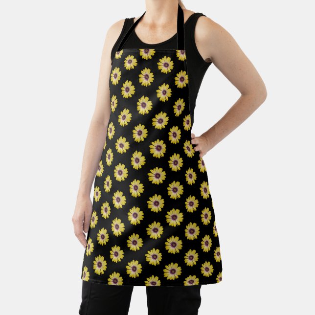 Yellow African Daisy Floral Pattern on Black Apron (Insitu)