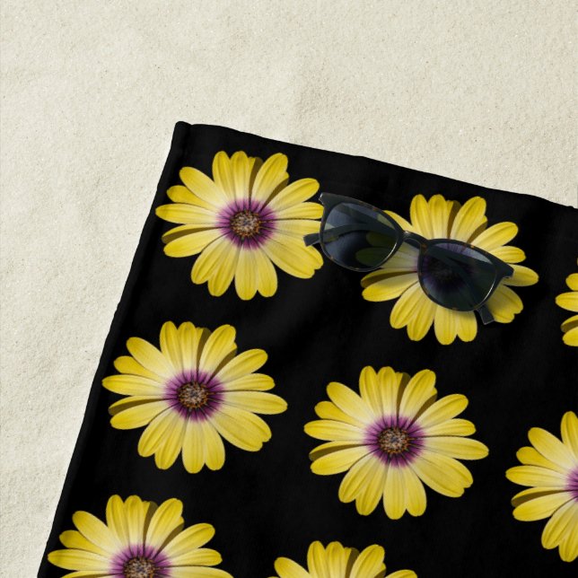 Yellow African Daisy Floral Pattern on Black Beach Towel (In Situ)