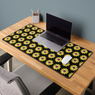 Yellow African Daisy Floral Pattern on Black Desk Mat
