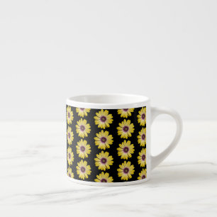 Yellow African Daisy Floral Pattern on Black Espresso Cup