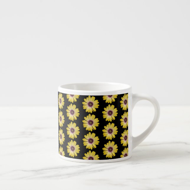 Yellow African Daisy Floral Pattern on Black Espresso Cup (Right)