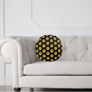 Yellow African Daisy Floral Pattern on Black Round Pillow
