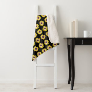 Yellow African Daisy Floral Pattern on Black Sherpa Blanket