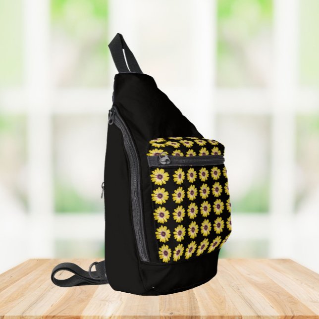 Yellow African Daisy Floral Pattern on Black Sling Bag (In Situ)