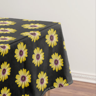 Yellow African Daisy Floral Pattern on Black Tablecloth