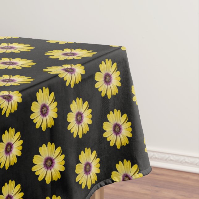 Yellow African Daisy Floral Pattern on Black Tablecloth (In Situ)