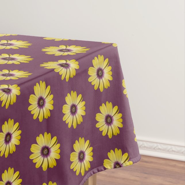 Yellow African Daisy Floral Pattern on Purple Tablecloth (In Situ)