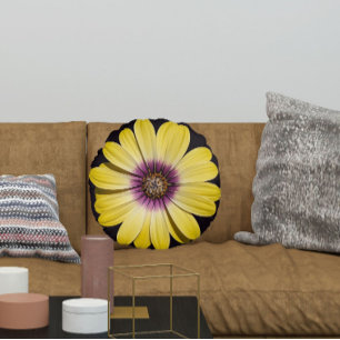 Yellow African Daisy on Black Floral Round Pillow