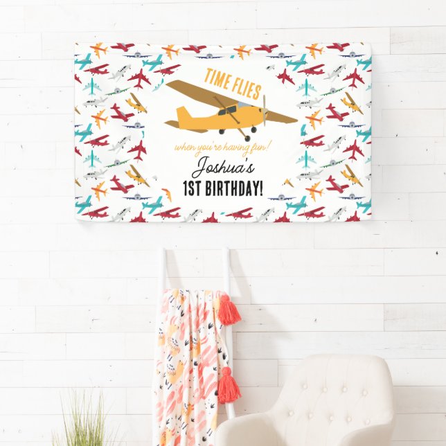 Yellow Airplane Kids 1st Birthday Party Time Flies Banner (Insitu)