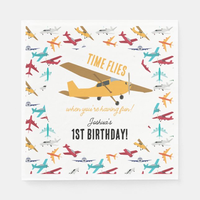 Yellow Airplane Kids 1st Birthday Party Time Flies Napkin (Front)