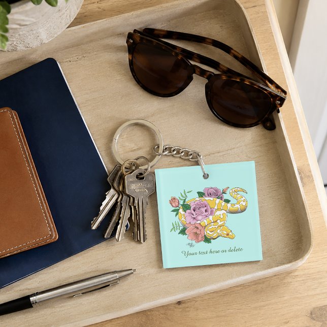 Yellow Albino Ball Python Teal Roses Business Keychain (Creator Uploaded)