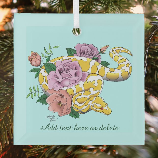 Yellow Albino Ball Python Teal Roses Glass Ornament (Creator Uploaded)