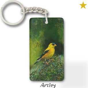 Yellow American Goldfinch Bird Painting Initials  Keychain