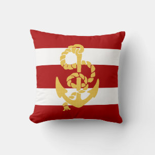 Yellow Anchor Red And White Striped Background Throw Pillow
