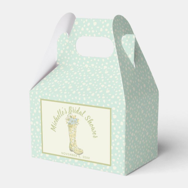 Yellow and Aqua Blue Rain Boot Bridal Shower Favor Box (Front Side)