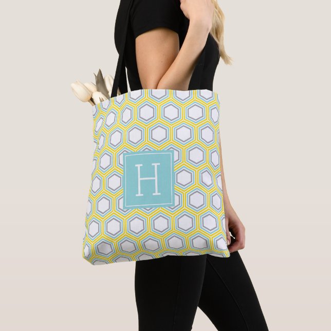 Yellow and Aqua Geometric Pattern and Monogram Tote Bag (Close Up)