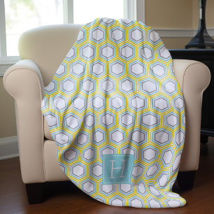 Yellow and Aqua Honeycomb Pattern Monogrammed Fleece Blanket