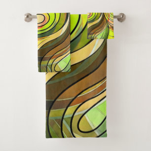 Yellow and Autumn Brown Doodle With Black Lines Bath Towel Set