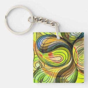 Yellow and Autumn Brown Doodle With Black Lines Keychain