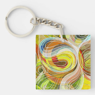 Yellow And Autumnal Brown Doodle With White Lines Keychain
