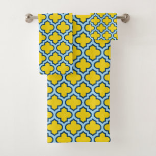 Yellow and Baby Blue Trellis, Lattice, Quatrefoil Bath Towel Set