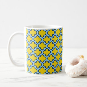 Yellow and Baby Blue Trellis, Lattice, Quatrefoil Coffee Mug