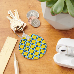 Yellow and Baby Blue Trellis, Lattice, Quatrefoil Keychain
