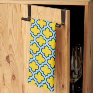 Yellow and Baby Blue Trellis, Lattice, Quatrefoil Kitchen Towel