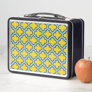 Yellow and Baby Blue Trellis, Lattice, Quatrefoil Metal Lunch Box