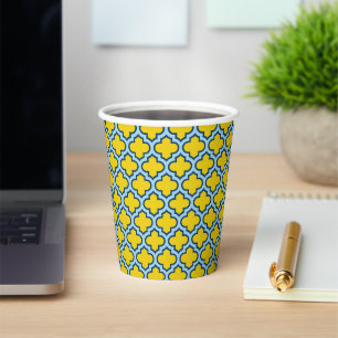 Yellow and Baby Blue Trellis, Lattice, Quatrefoil Paper Cups