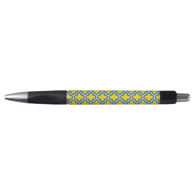 Yellow and Baby Blue Trellis, Lattice, Quatrefoil Pen (Front)