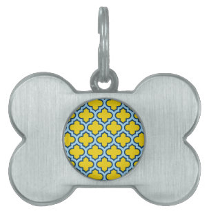 Yellow and Baby Blue Trellis, Lattice, Quatrefoil Pet ID Tag